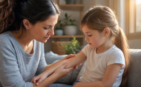 Mère examinant une petite rougeur sur le bras de sa fille.