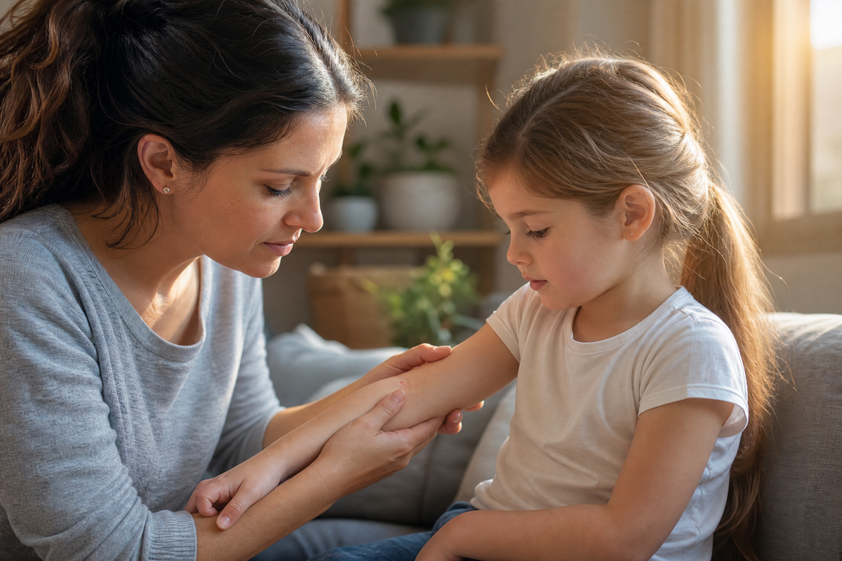 Mère examinant une petite rougeur sur le bras de sa fille.