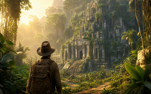 Explorateur aventurier devant un immense temple antique