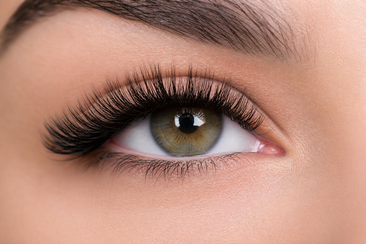 Œil vert mis en valeur par des extensions de cils noires, longues et fournies.