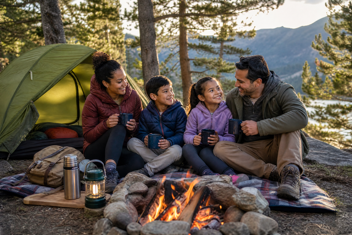 Famille autour d’un feu de camp en camping.