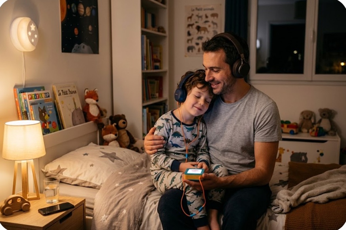 Un parent et son enfant écoutant de la musique le soir