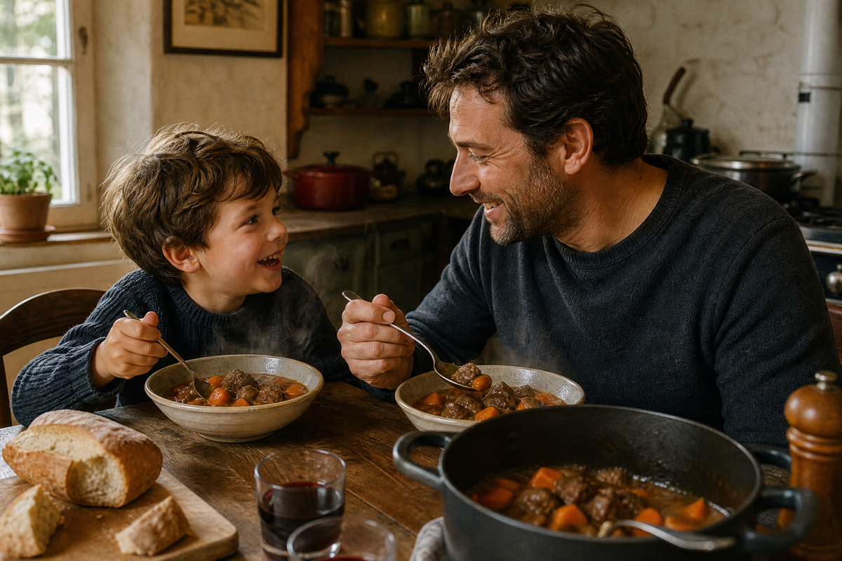 Père et fils partageant joyeusement un plat de bœuf-carottes chaud à la table de la cuisine.