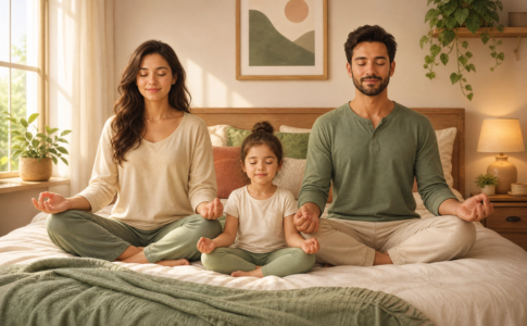 Une famille médite sereinement ensemble sur un lit.