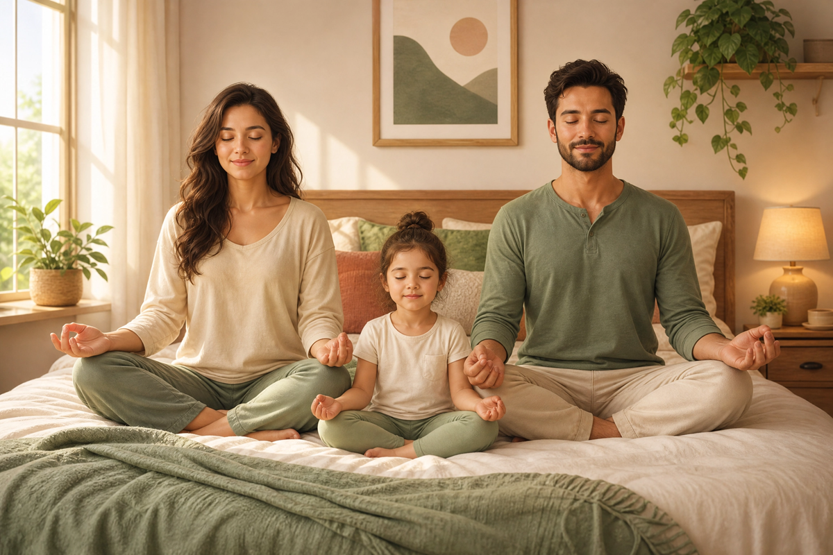  Une famille médite sereinement ensemble sur un lit.