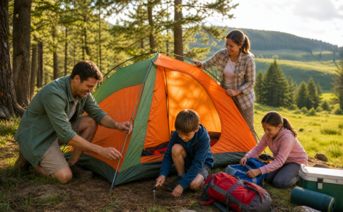 Famille installant une tente dans la nature.