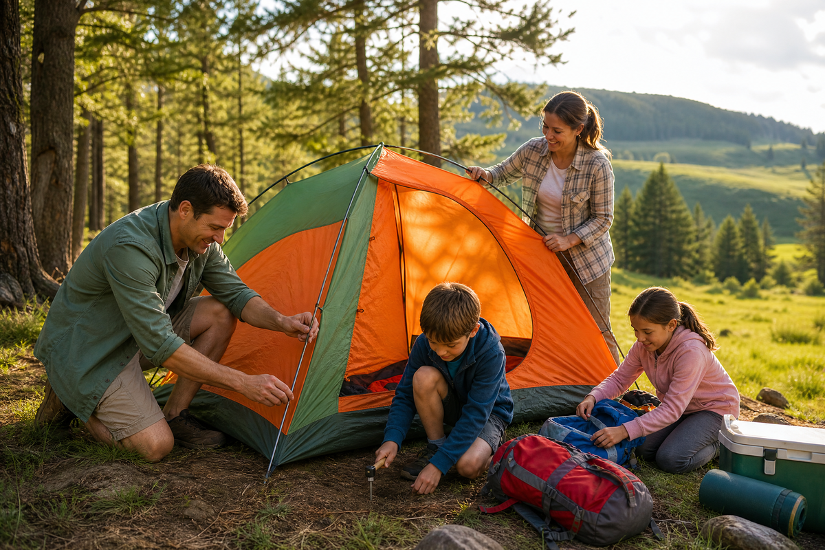 Famille installant une tente dans la nature.