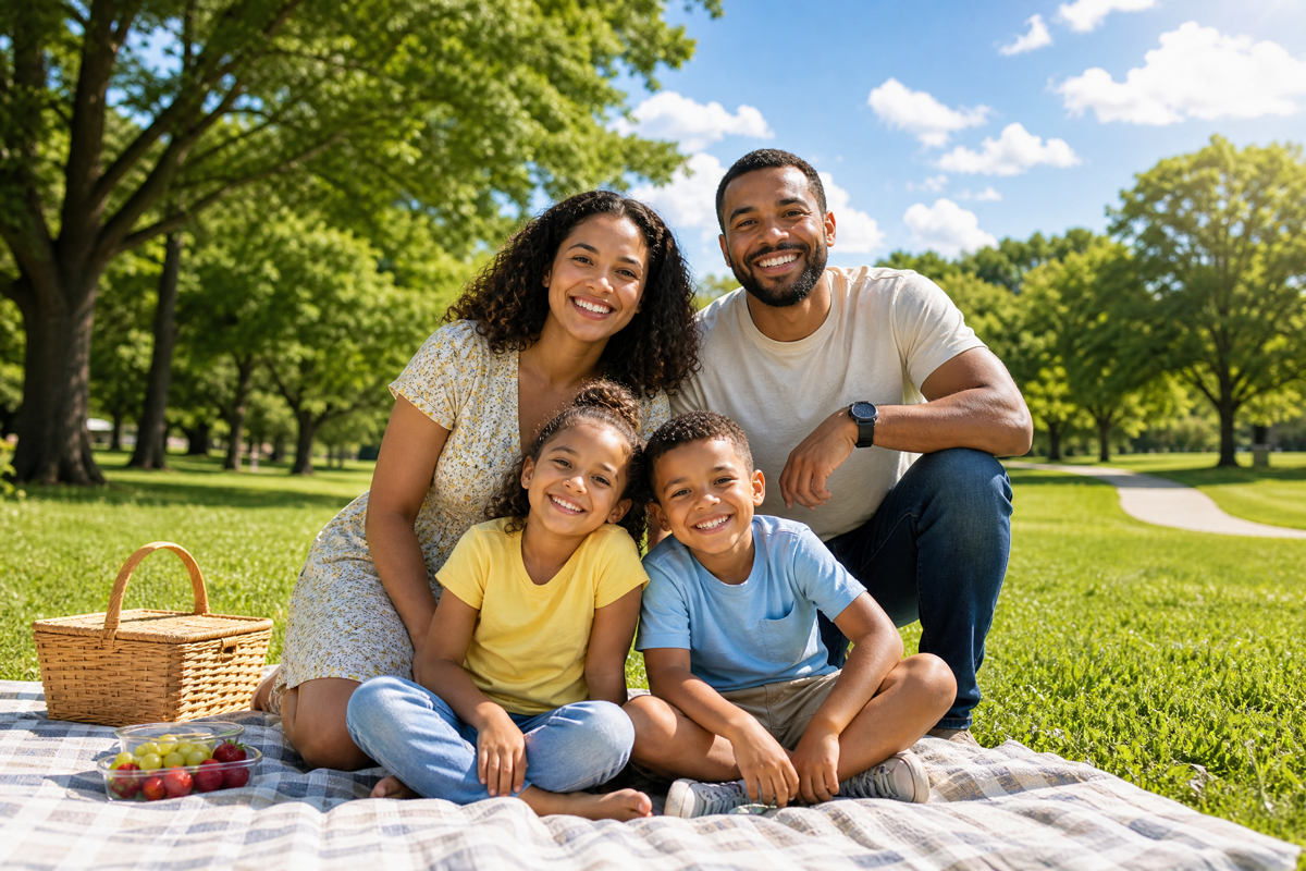 Une famille souriante de quatre personnes assise sur une couverture lors d'un pique-nique dans un parc ensoleillé.