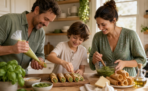 Famille préparant des cannoli au pesto en cuisine.