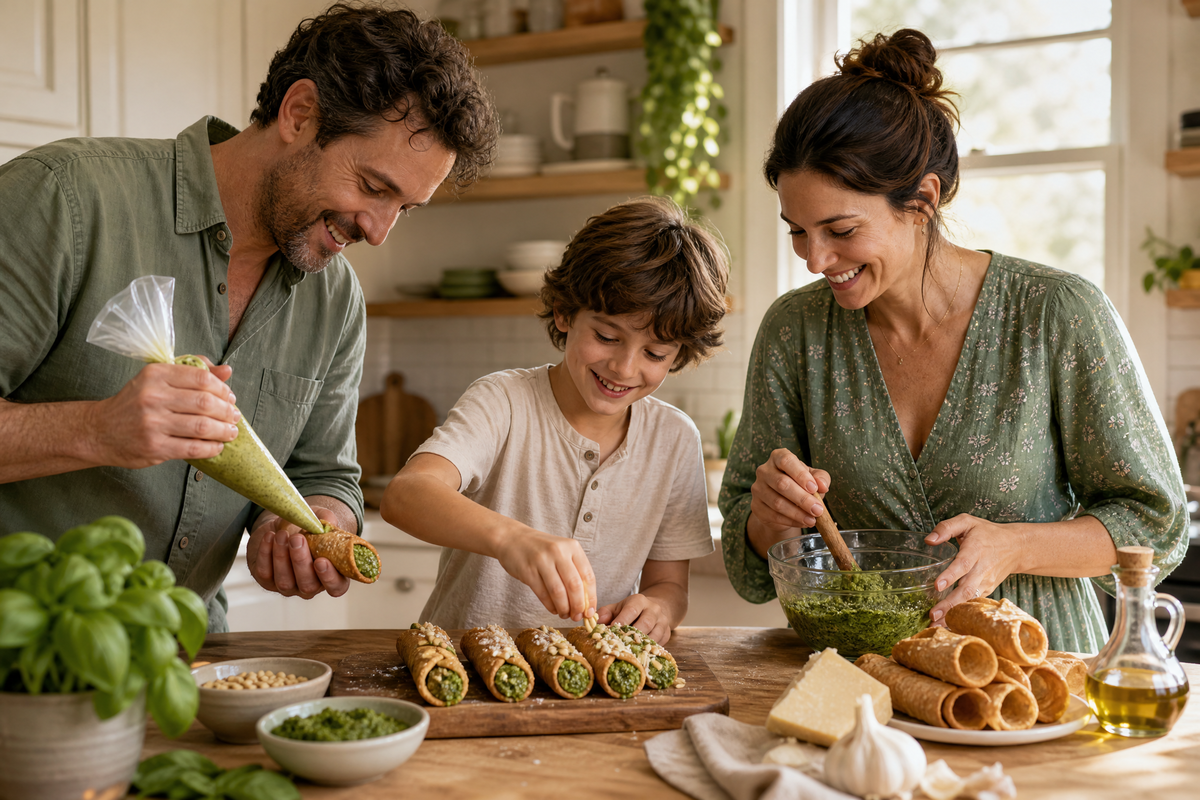  Famille préparant des cannoli au pesto en cuisine.