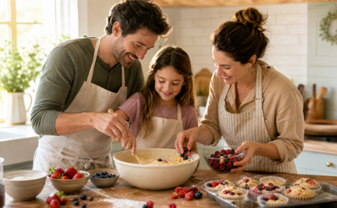 Une famille prépare des muffins fruités en cuisine.