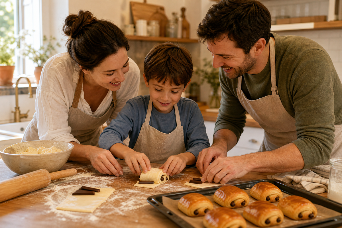 Un garçon prépare des pains au chocolat avec ses parents.