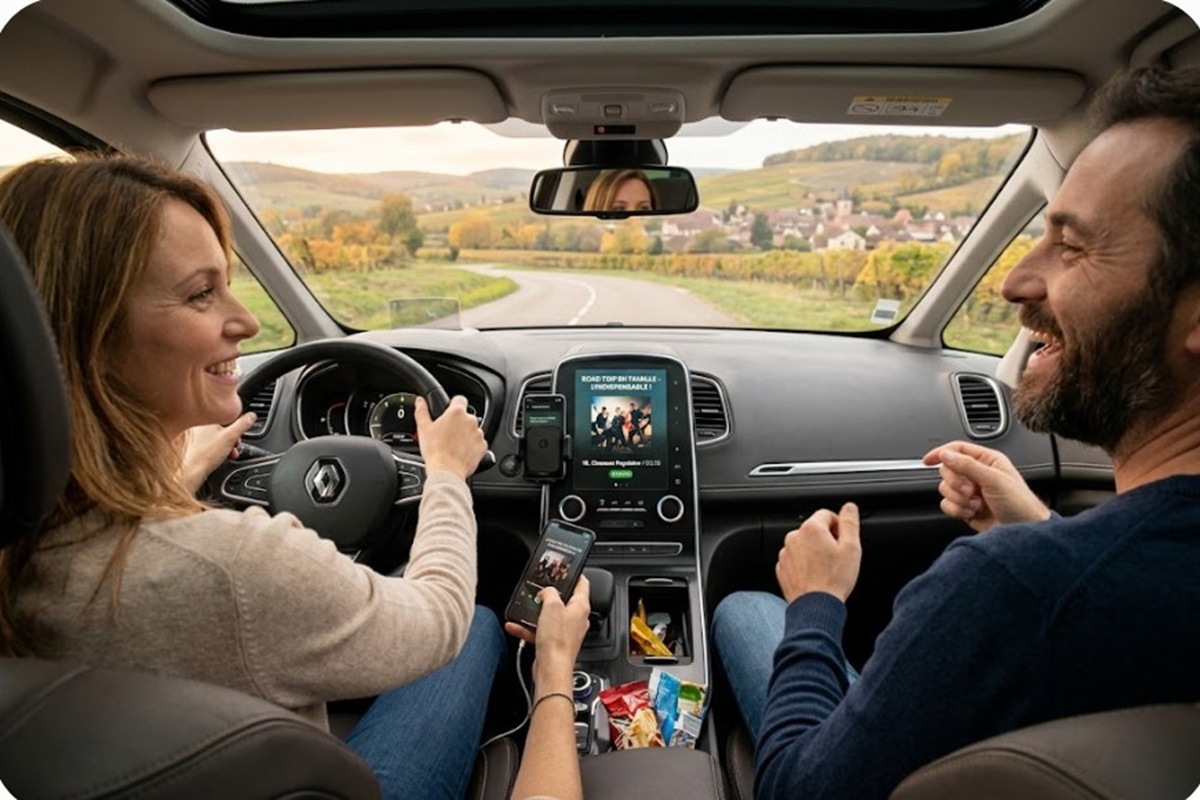 Une famille écoutant de la musique en voiture