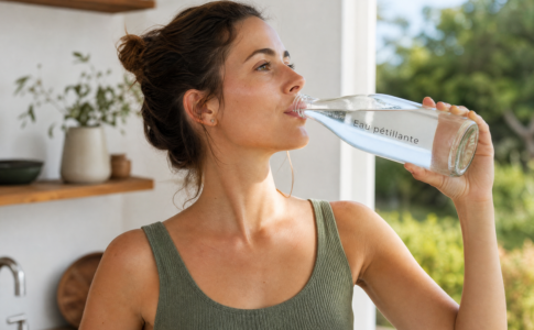 Jeune femme buvant de l'eau pétillante dans une bouteille en verre.