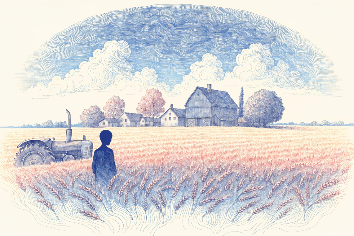 Une ferme de campagne avec la silhouette d'un enfant près d'un tracteur