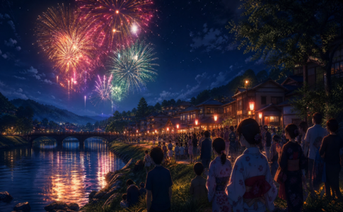 Feu d'artifice illuminant le ciel au-dessus d'une petite ville japonaise