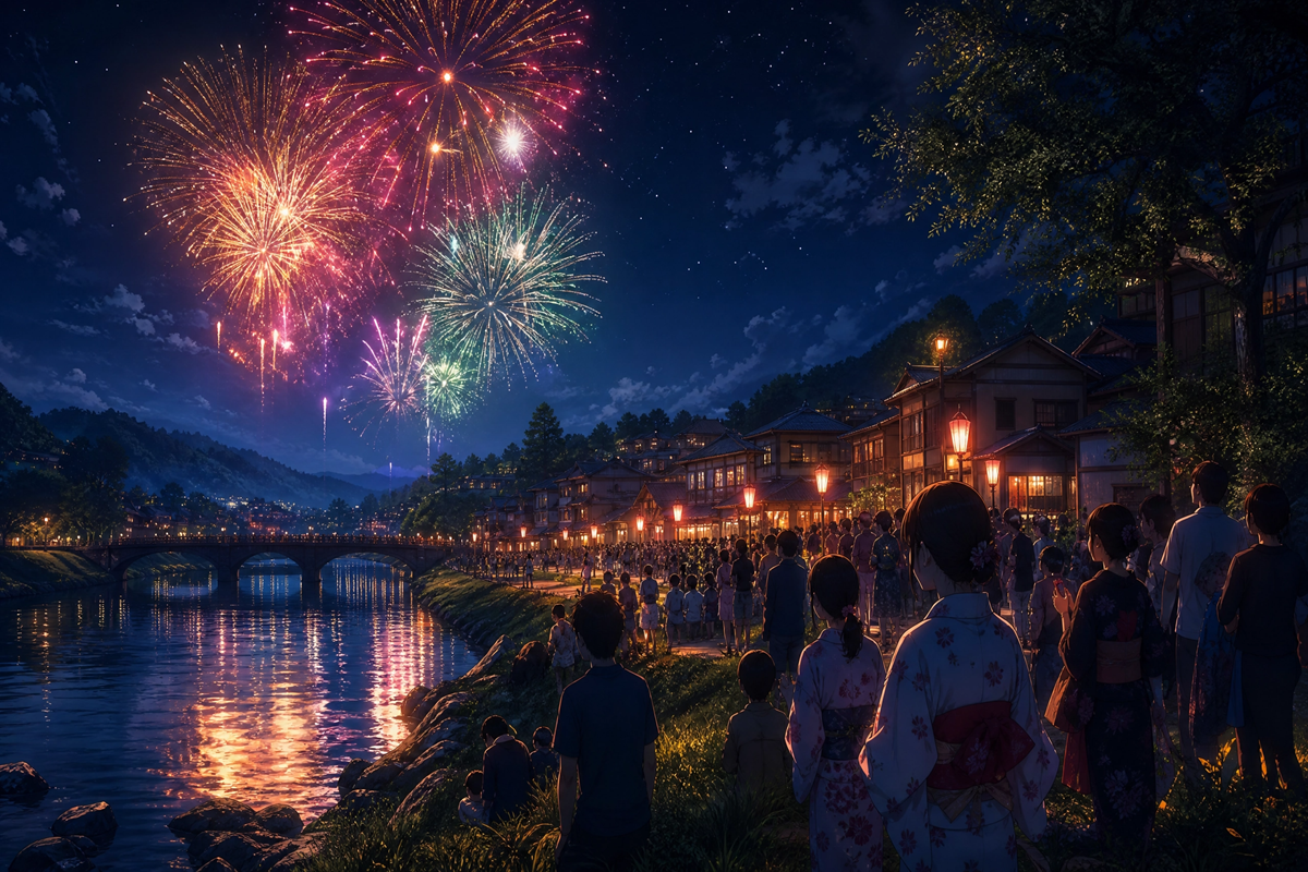 Feu d'artifice illuminant le ciel au-dessus d'une petite ville japonaise