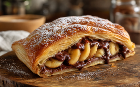 Feuilleté croustillant garni de rondelles de banane et de chocolat fondant saupoudré de sucre glace.