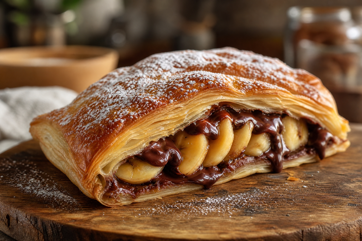 Feuilleté croustillant garni de rondelles de banane et de chocolat fondant saupoudré de sucre glace.
