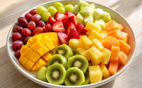 Assiette colorée garnie de morceaux de mangue, de fraises, de kiwis, de raisins et de melon.