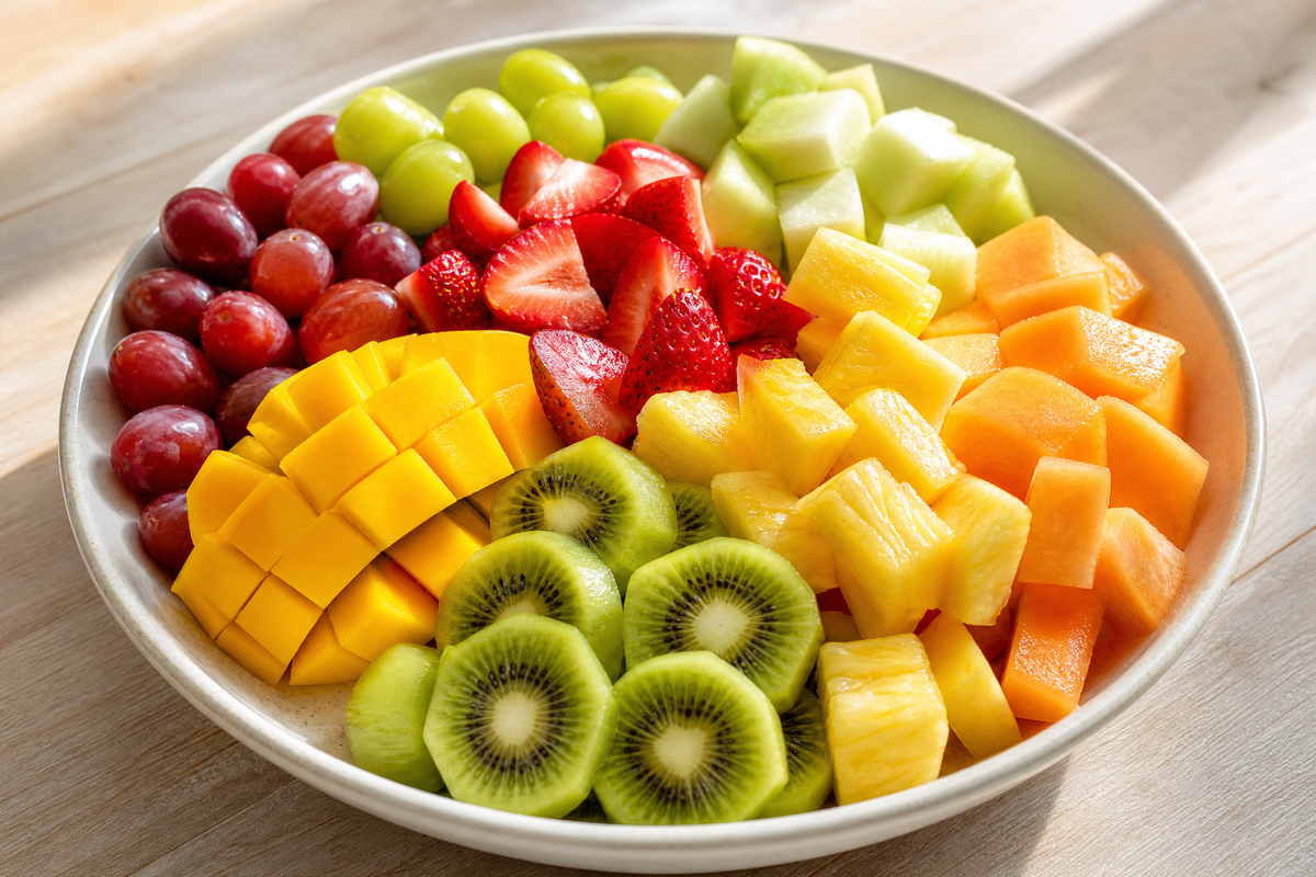 Assiette colorée garnie de morceaux de mangue, de fraises, de kiwis, de raisins et de melon.