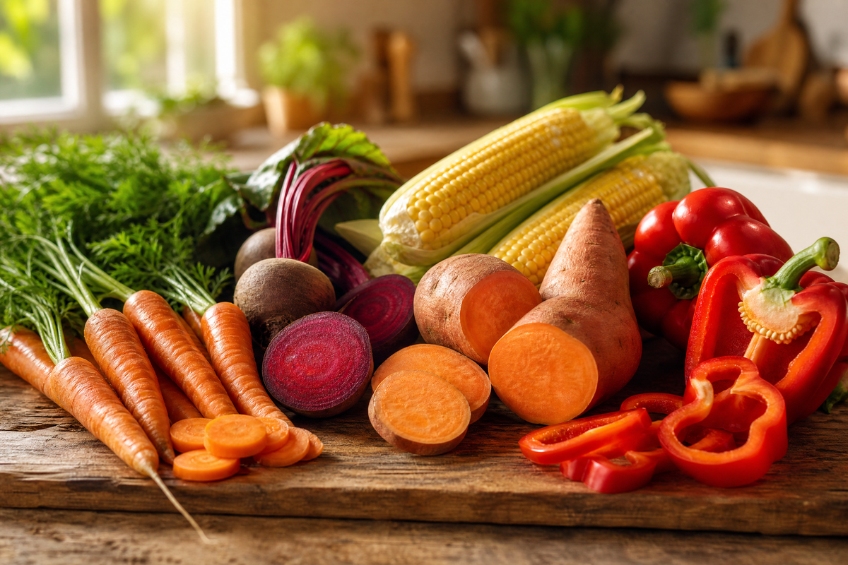 Carottes, betteraves, patates douces, maïs et poivron rouge sur une table. 