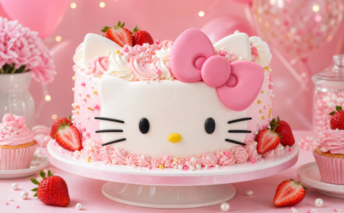 Gâteau d’anniversaire Hello Kitty décoré de crème et de fraises.
