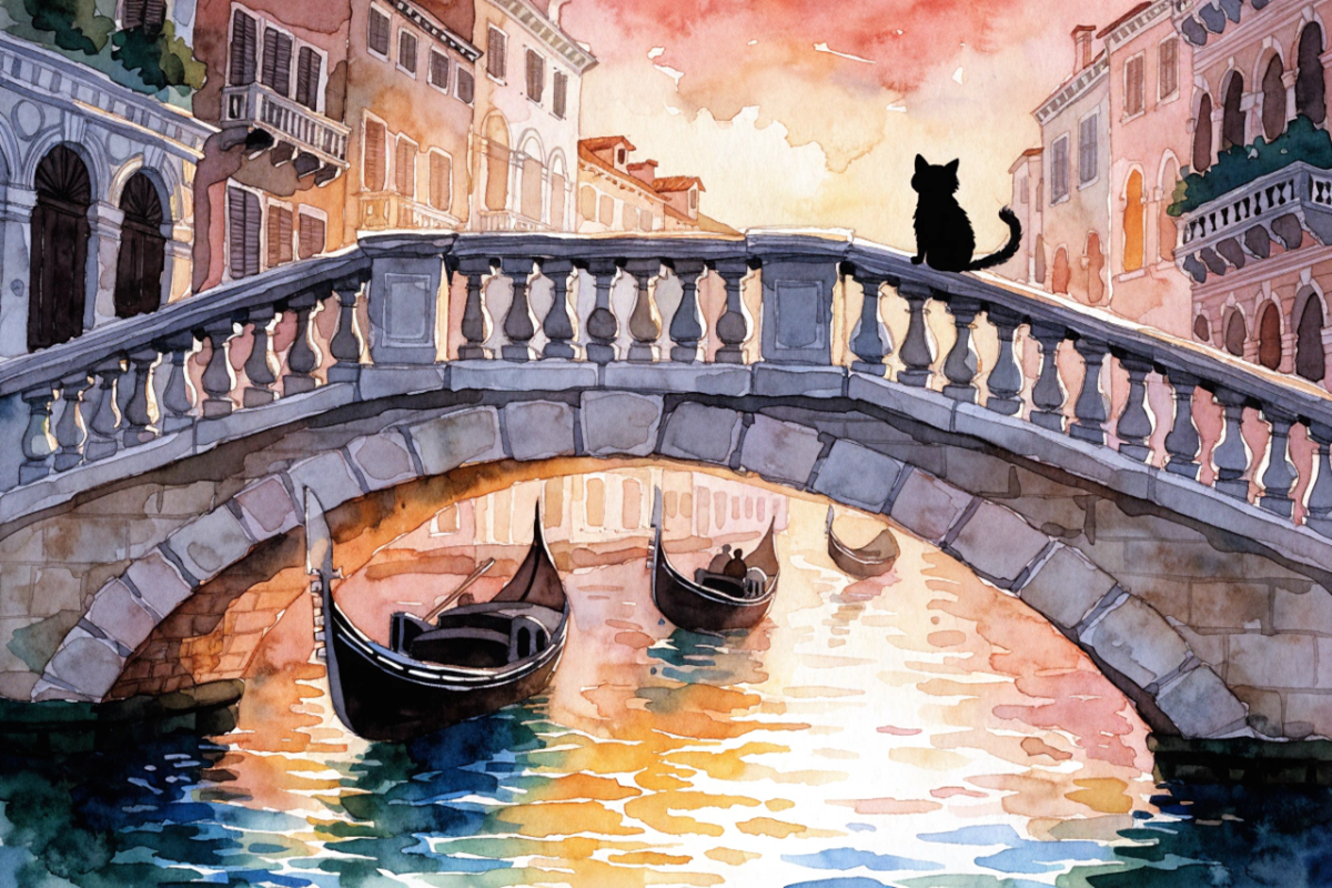chat noir de dos sur un pont de Venise inspiré de Gatto
