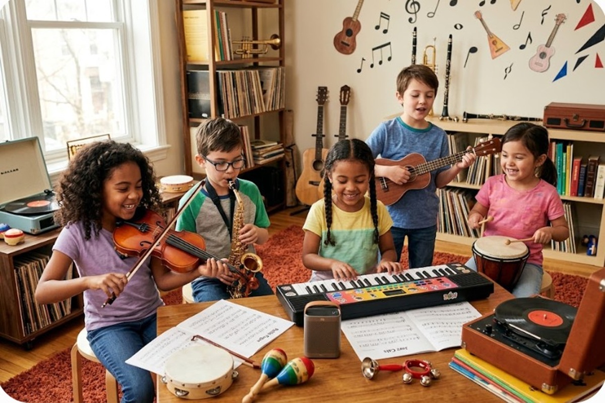 Des enfants découvrant divers styles de musique