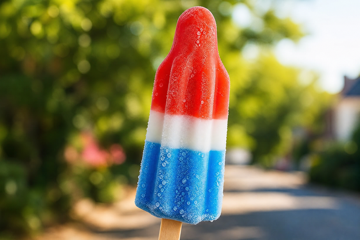  Glace à l'eau tricolore rouge, blanche et bleue en forme de fusée.