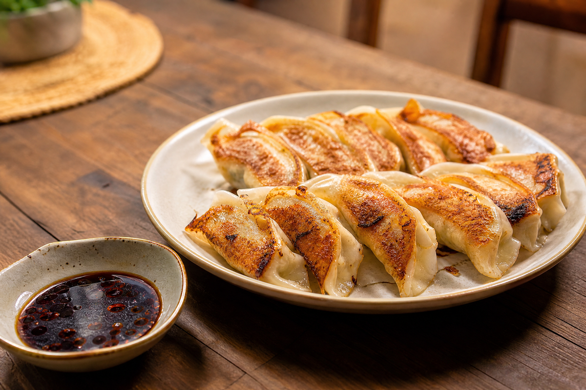 Assiette de gyozas japonais dorés et poêlés servis avec une coupelle de sauce soja.