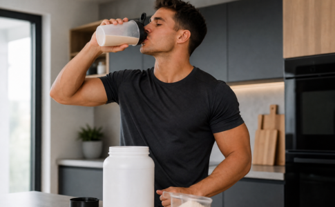 Un homme athlétique boit un shaker de protéines de lactosérum dans une cuisine moderne.