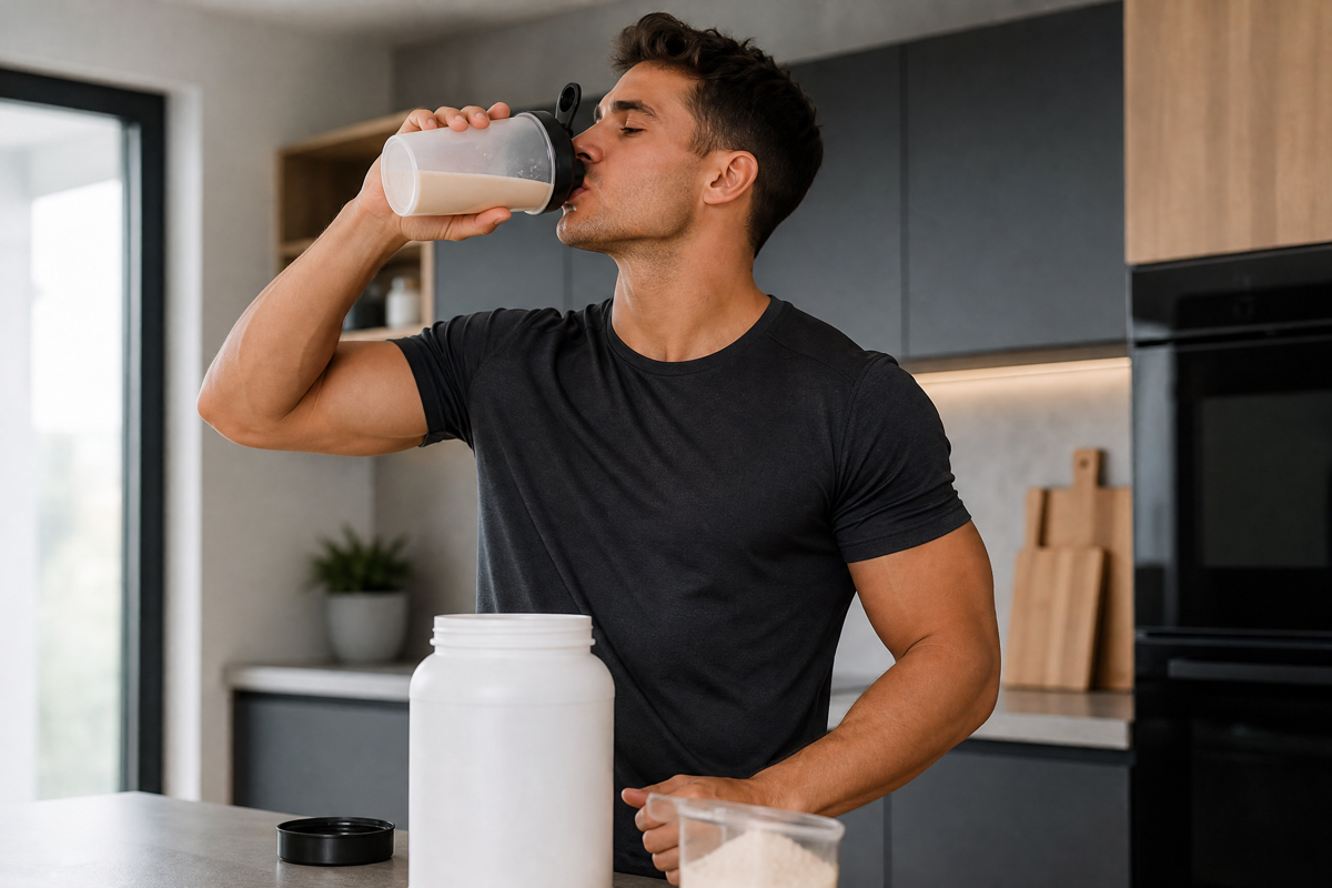 Un homme athlétique boit un shaker de protéines de lactosérum dans une cuisine moderne.