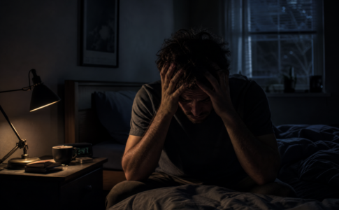Homme assis au bord de son lit tenant sa tête entre ses mains dans une chambre sombre.