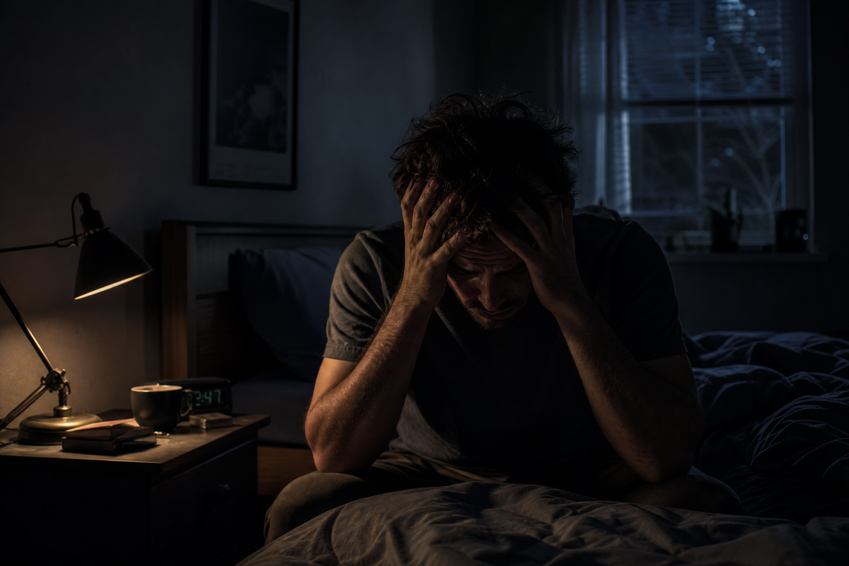 Homme assis au bord de son lit tenant sa tête entre ses mains dans une chambre sombre.
