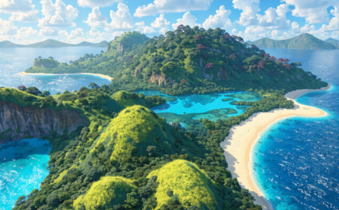 vue aérienne d’une île tropicale colorée et luxuriante, univers de Angry Birds 3