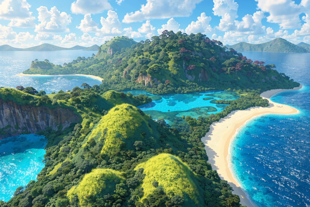 vue aérienne d’une île tropicale colorée et luxuriante, univers de Angry Birds 3