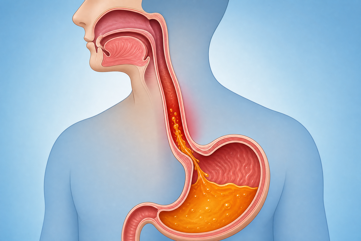  Illustration médicale montrant le reflux d'acide gastrique remontant de l'estomac vers l'œsophage.