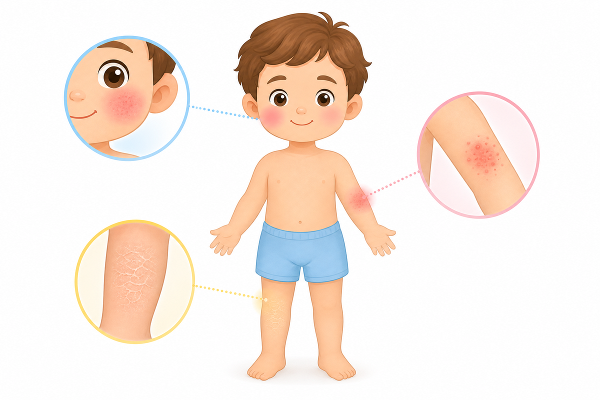 Illustration montrant les signes cutanés sur le visage, le bras et la jambe d'un enfant.
