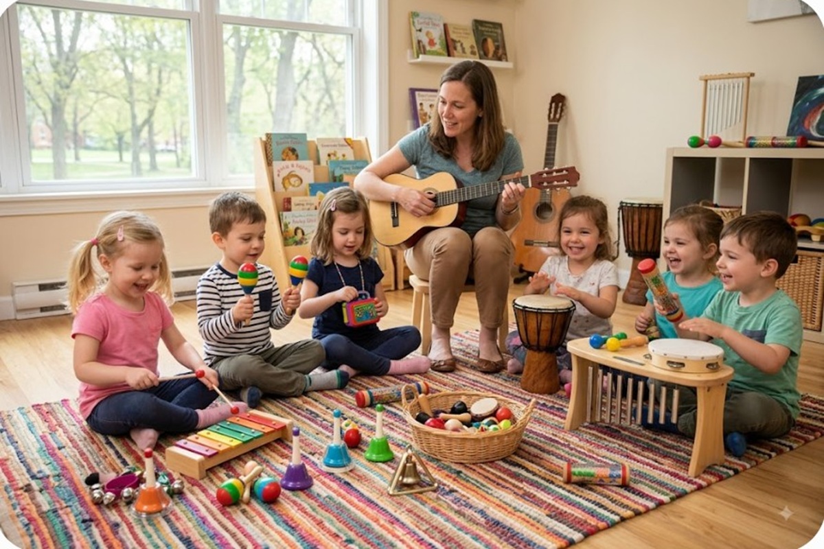 Des enfants découvrant des instruments de musique en classe