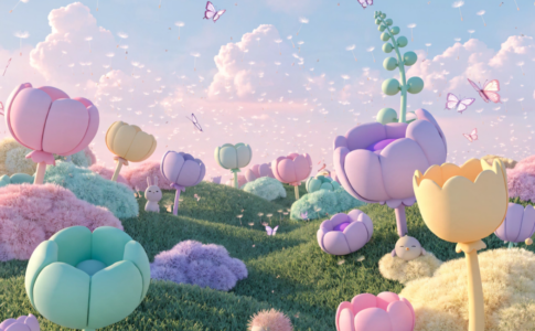 Jardin coloré avec fleurs géantes et jouets d'éveil pour bébé rappelant Cocomelon