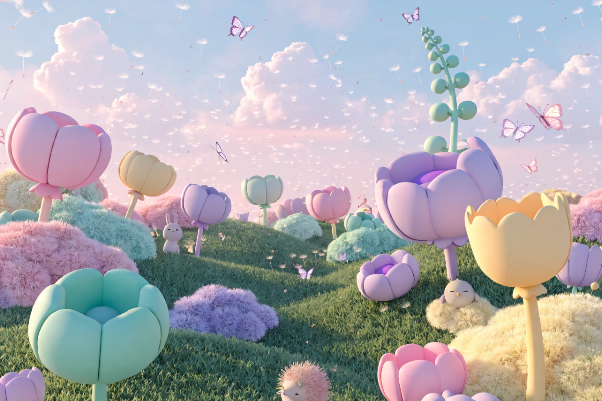 Jardin coloré avec fleurs géantes et jouets d'éveil pour bébé rappelant Cocomelon