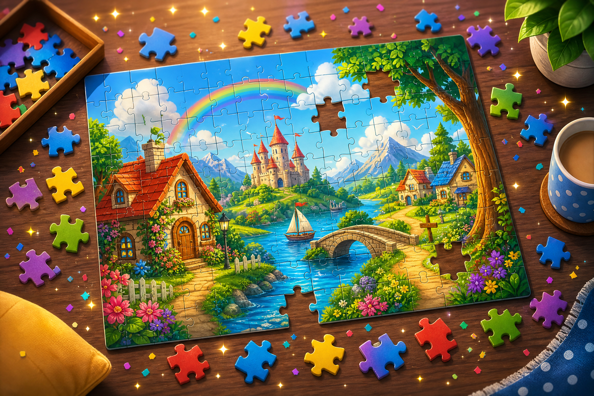  Puzzle coloré représentant un château, une rivière et un arc-en-ciel.