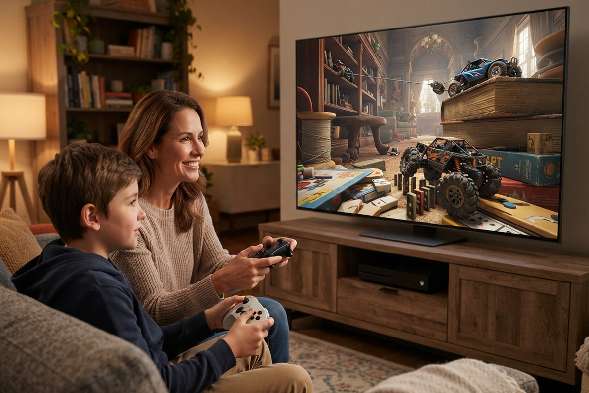 Un parent et un enfant qui jouent ensemble sur console