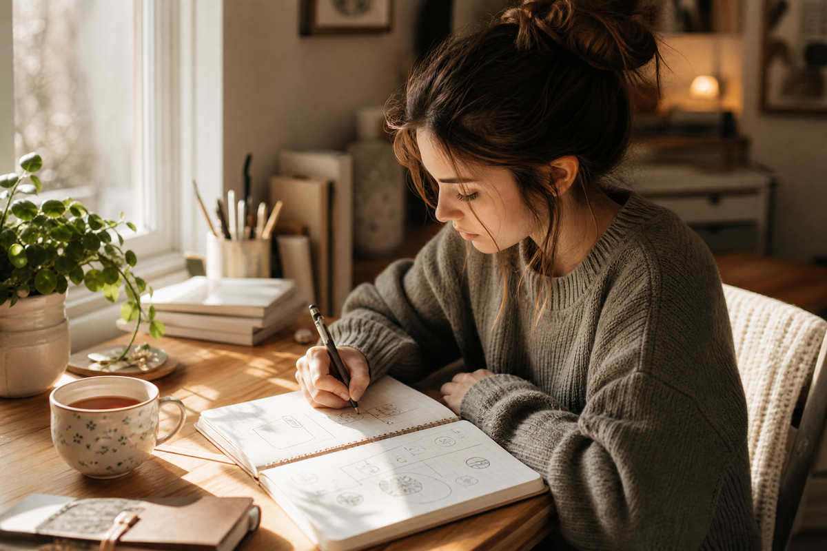 Jeune femme concentrée écrivant dans son carnet de planification près d'une fenêtre ensoleillée.
