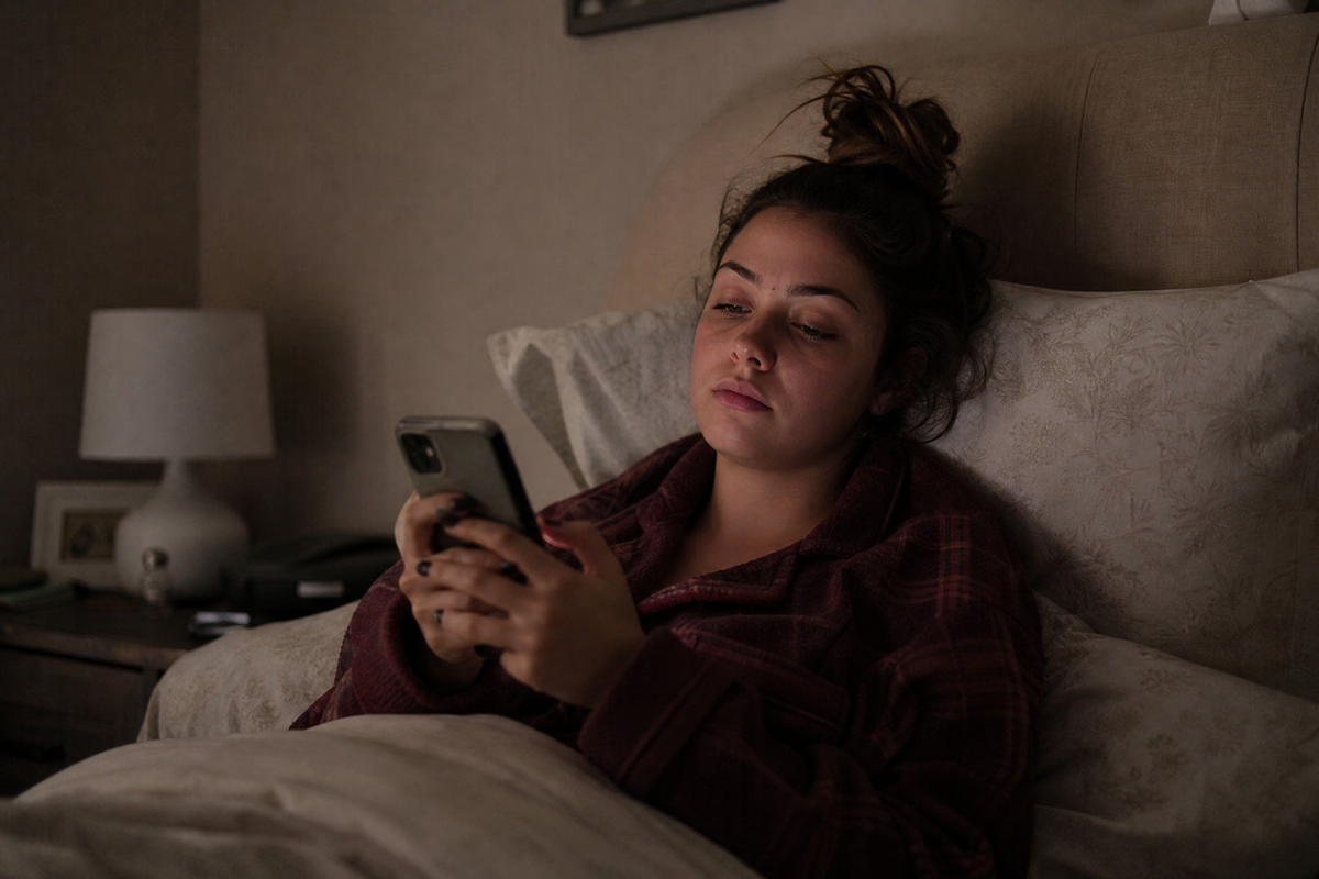 Jeune femme allongée dans son lit fixant son smartphone avec un air ennuyé.