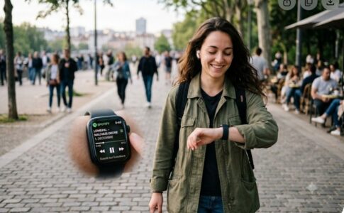 Une jeune fille écoutant de la musique avec sa montre connectée