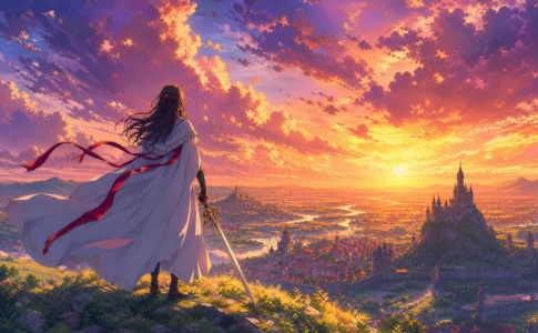 Jeune princesse guerrière vue de dos au sommet d'une colline