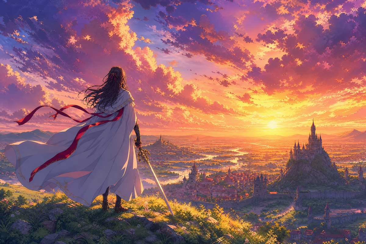 Jeune princesse guerrière vue de dos au sommet d'une colline