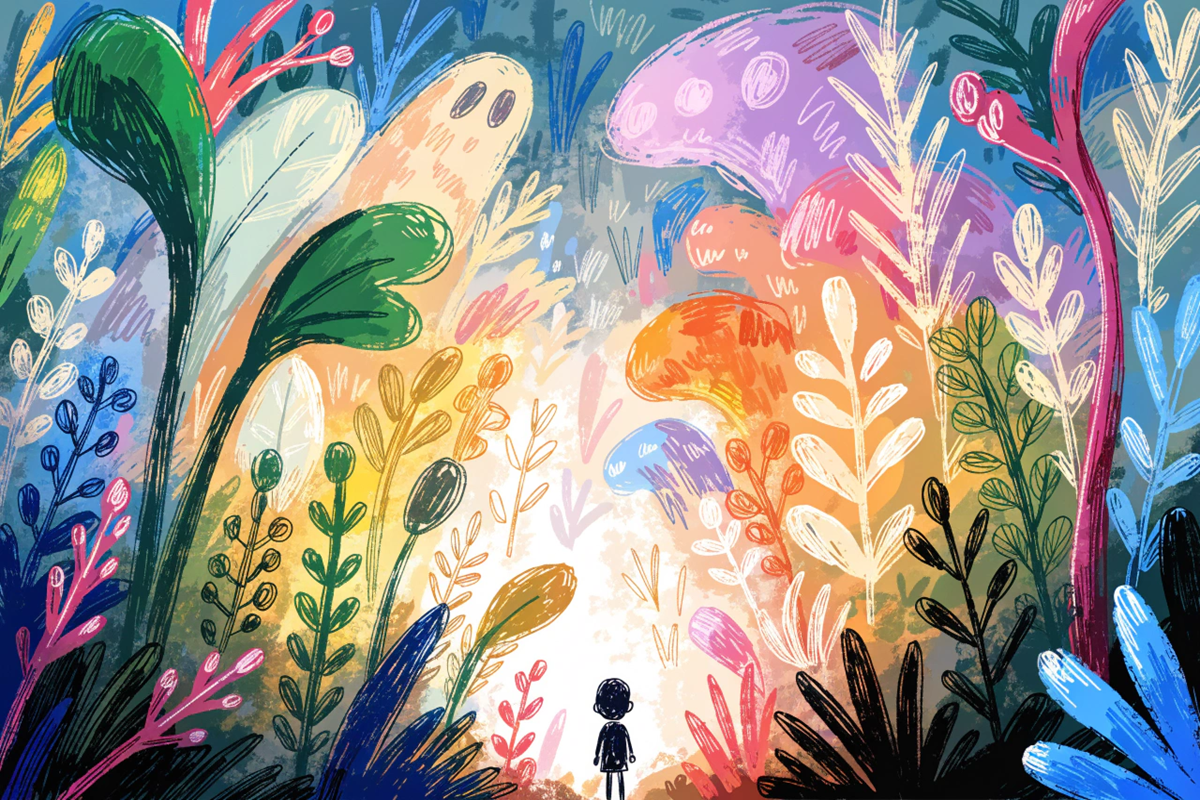silhouette d'enfant devant une jungle lumineuse dans l'animation Joyeuse Jungle 